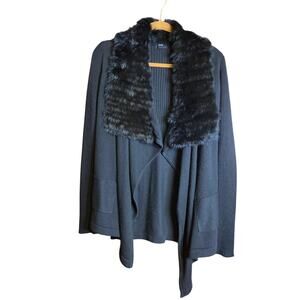 FATE Black Cardigan Sweater Wool Angora Fur Trim Small Open Front Drape